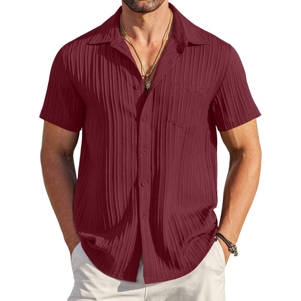 imageCOOFANDY Mens Casual Short Sleeve Shirts Summer Beach Shirt Button Down Textured Shirts Vacation Hawaiian ShirtsWine Red