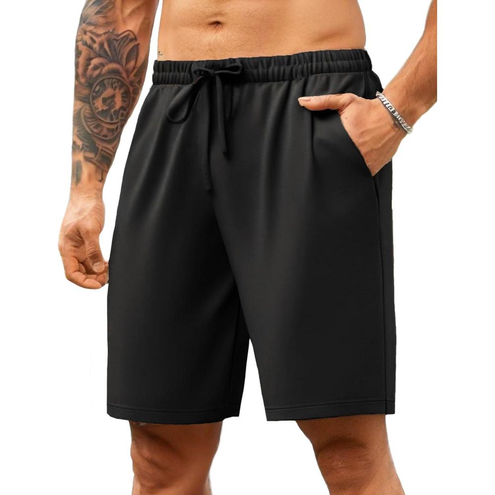imageCOOFANDY Mens Casual Shorts 9 inch Inseam Stretch Beach Shorts Elastic Waist Drawstring Summer ShortsBlack