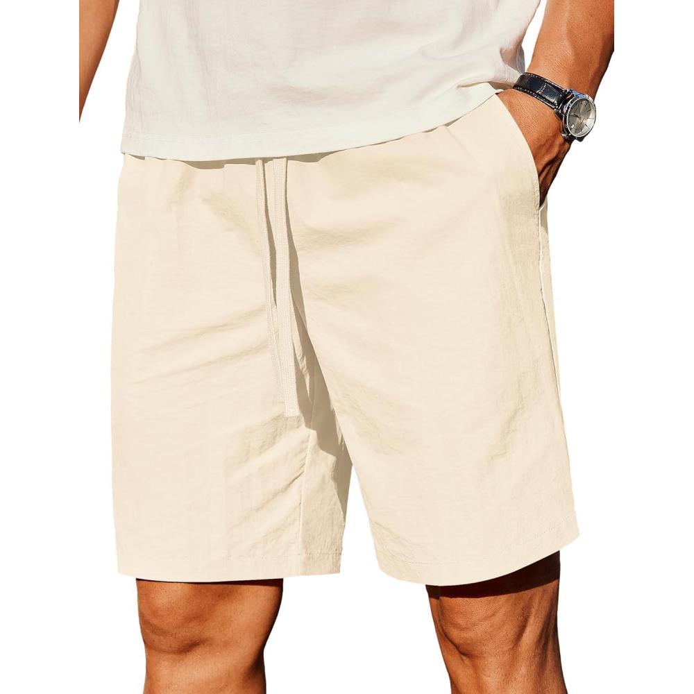 imageCOOFANDY Mens Casual Shorts Lightweight Elastic Waist Drawstring Summer Beach Shorts with PocketsBeige