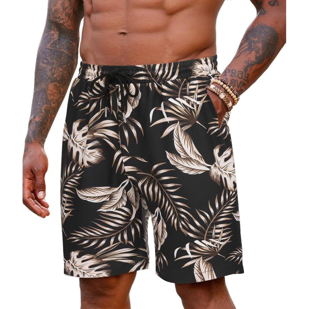 imageCOOFANDY Mens Casual Shorts Lightweight Elastic Waist Drawstring Summer Beach Shorts with PocketsBlackgolden Palm Tree