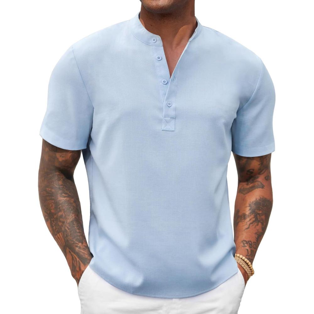 imageCOOFANDY Mens Casual Summer Beach Henley Shirt Band Collar Lightweight Hippie Tee ShirtsLight Blue