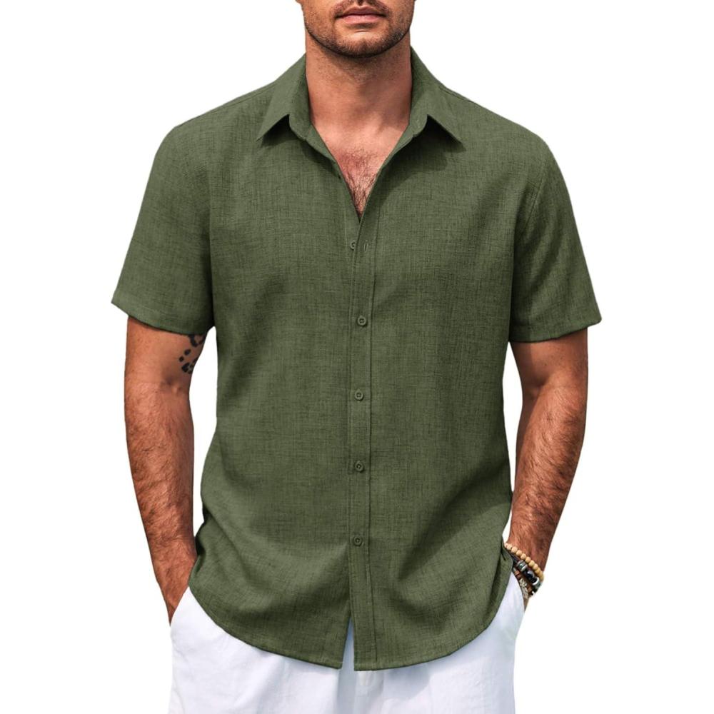 imageCOOFANDY Mens Casual Summer Beach Shirt Button Down Short Sleeve Shirts Vacation Shirt Cotton Linen ShirtsArmy Green