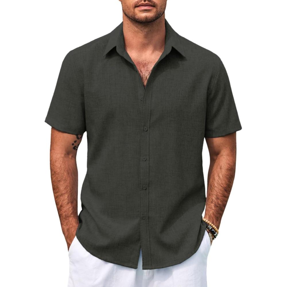 imageCOOFANDY Mens Casual Summer Beach Shirt Button Down Short Sleeve Shirts Vacation Shirt Cotton Linen ShirtsBlack