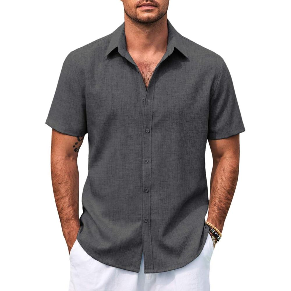 imageCOOFANDY Mens Casual Summer Beach Shirt Button Down Short Sleeve Shirts Vacation Shirt Cotton Linen ShirtsDark Gray