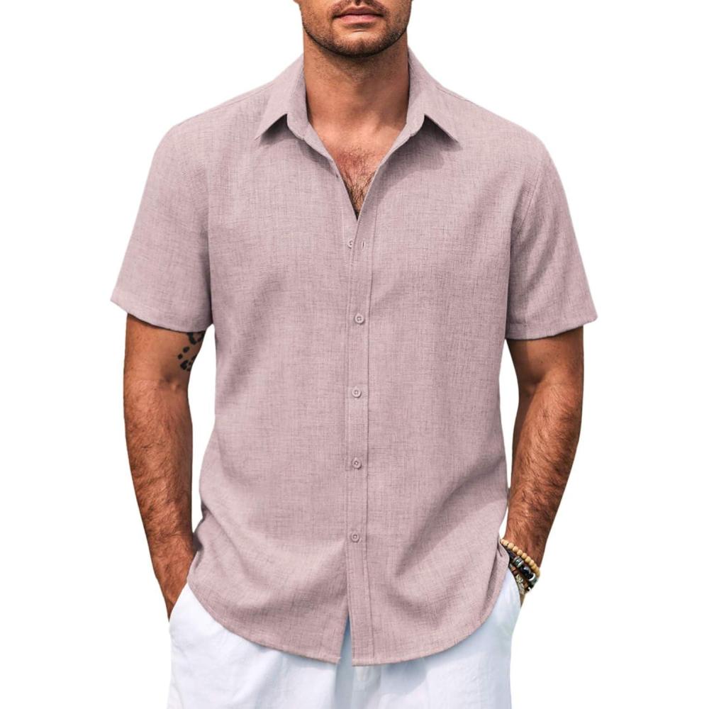 imageCOOFANDY Mens Casual Summer Beach Shirt Button Down Short Sleeve Shirts Vacation Shirt Cotton Linen ShirtsDark Pink