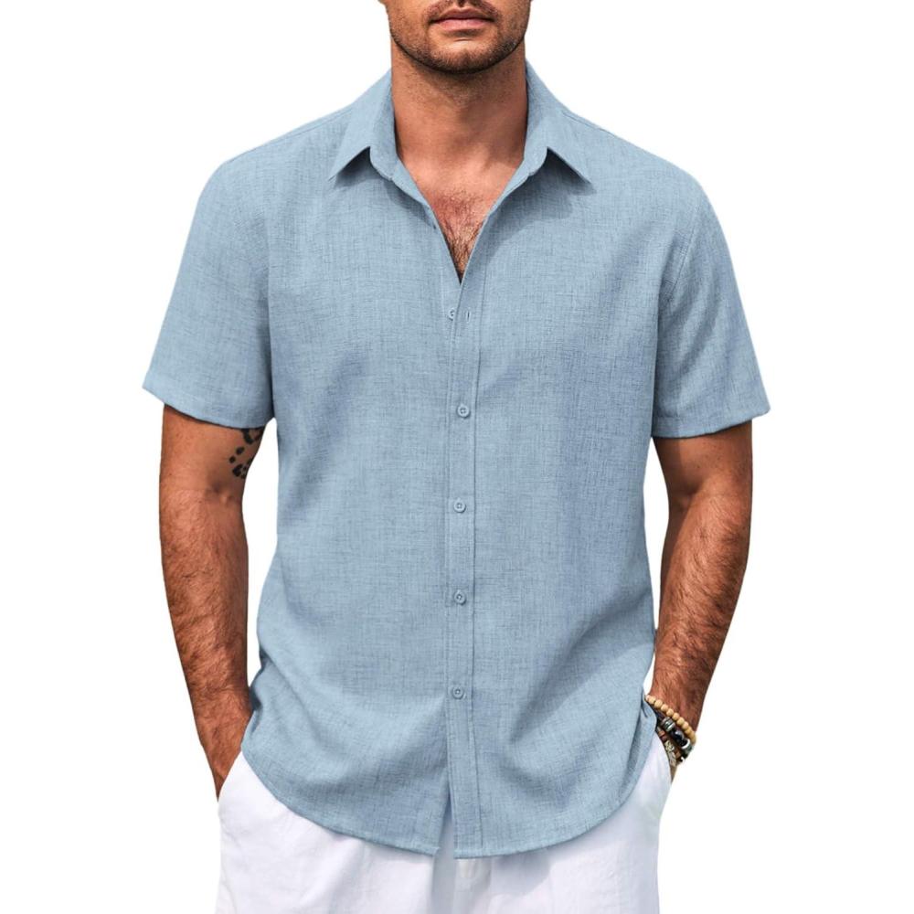 imageCOOFANDY Mens Casual Summer Beach Shirt Button Down Short Sleeve Shirts Vacation Shirt Cotton Linen ShirtsLight Blue