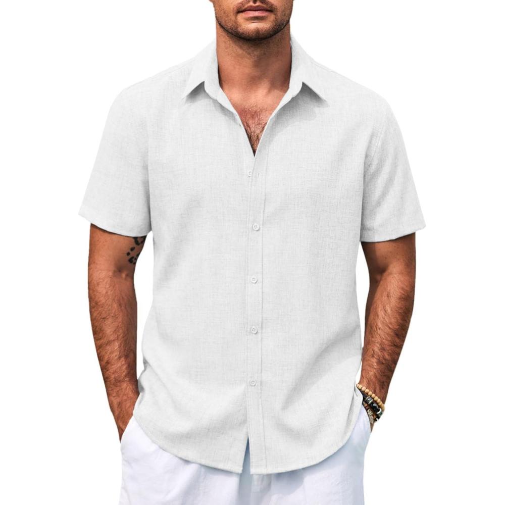 imageCOOFANDY Mens Casual Summer Beach Shirt Button Down Short Sleeve Shirts Vacation Shirt Cotton Linen ShirtsWhite