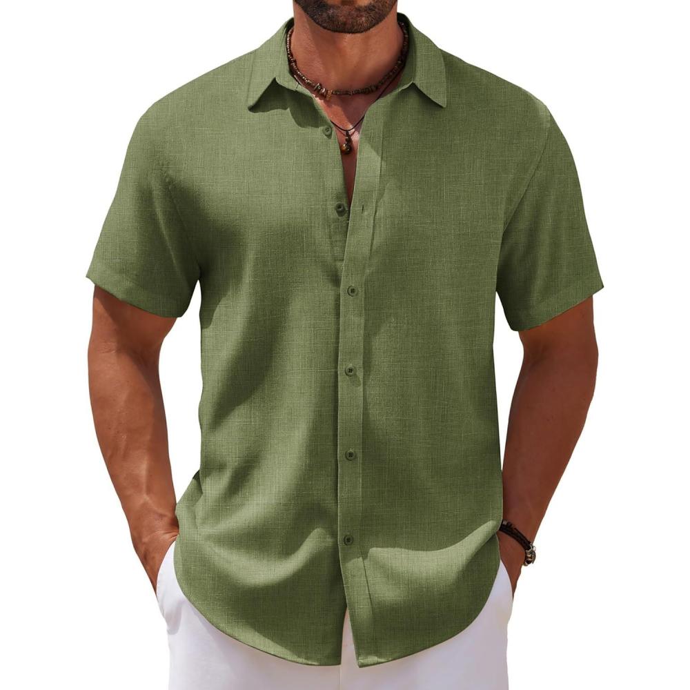 imageCOOFANDY Mens Casual Summer Beach Shirt Short Sleeve Button Down Shirt Vacation Wedding Shirt Linen Textured ShirtsArmy Green