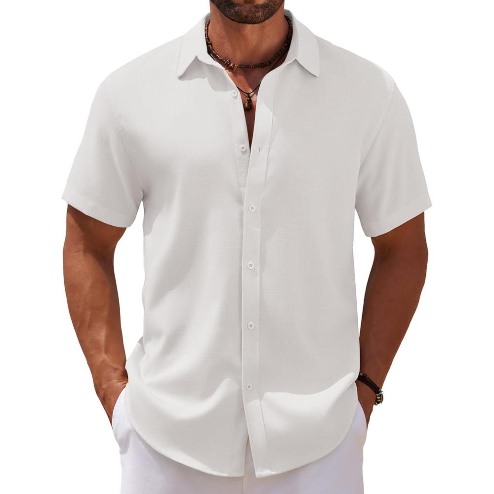 imageCOOFANDY Mens Casual Summer Beach Shirt Short Sleeve Button Down Shirt Vacation Wedding Shirt Linen Textured ShirtsAwhite