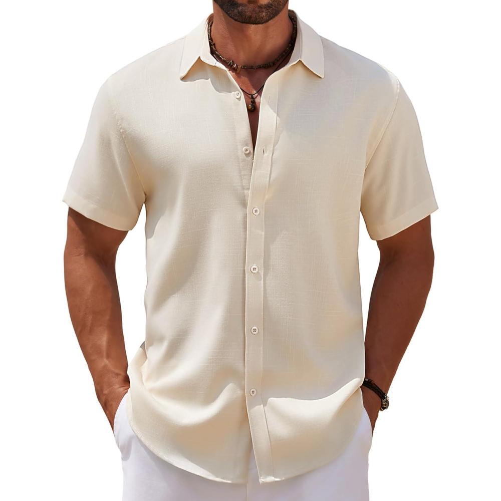 imageCOOFANDY Mens Casual Summer Beach Shirt Short Sleeve Button Down Shirt Vacation Wedding Shirt Linen Textured ShirtsBeige