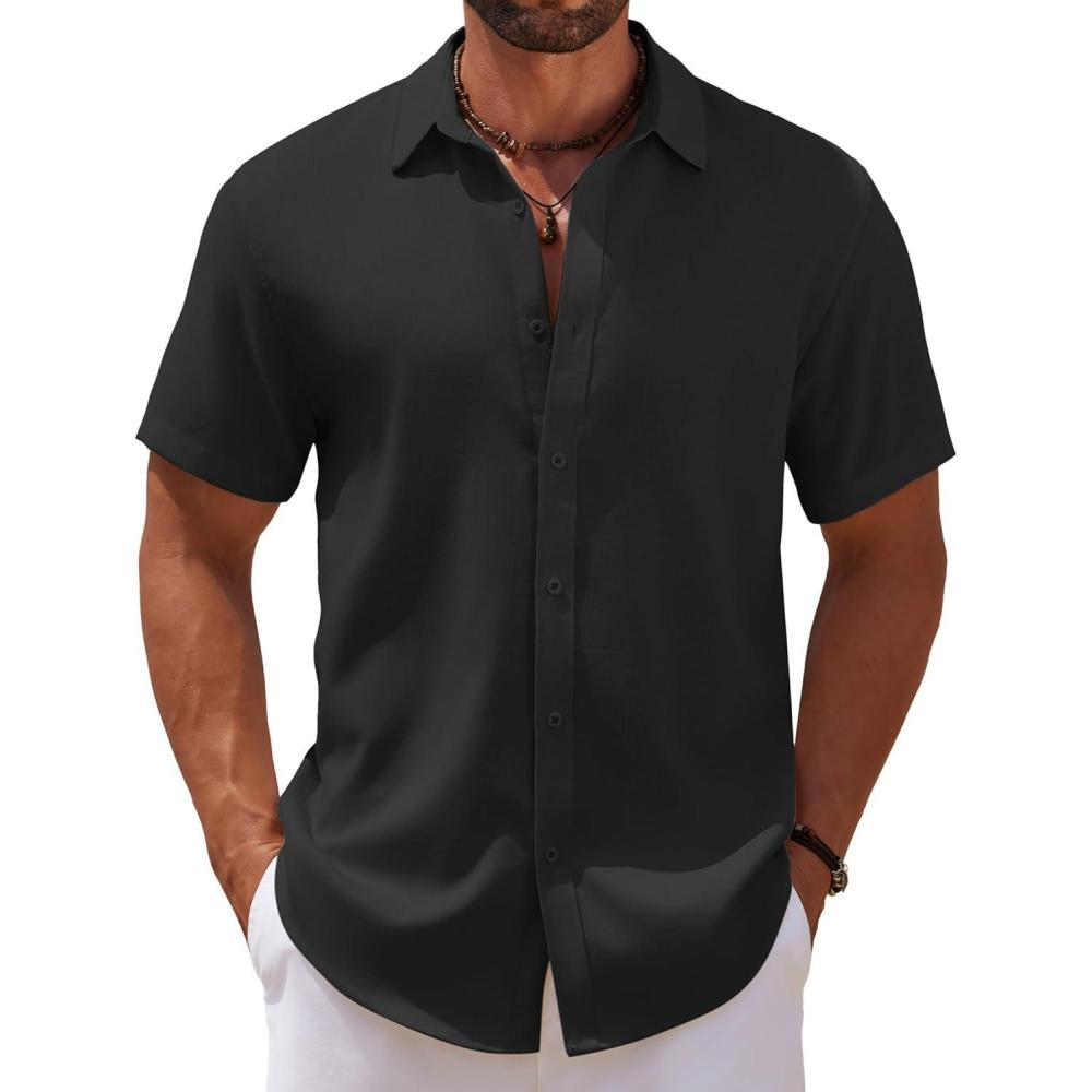 imageCOOFANDY Mens Casual Summer Beach Shirt Short Sleeve Button Down Shirt Vacation Wedding Shirt Linen Textured ShirtsBlack
