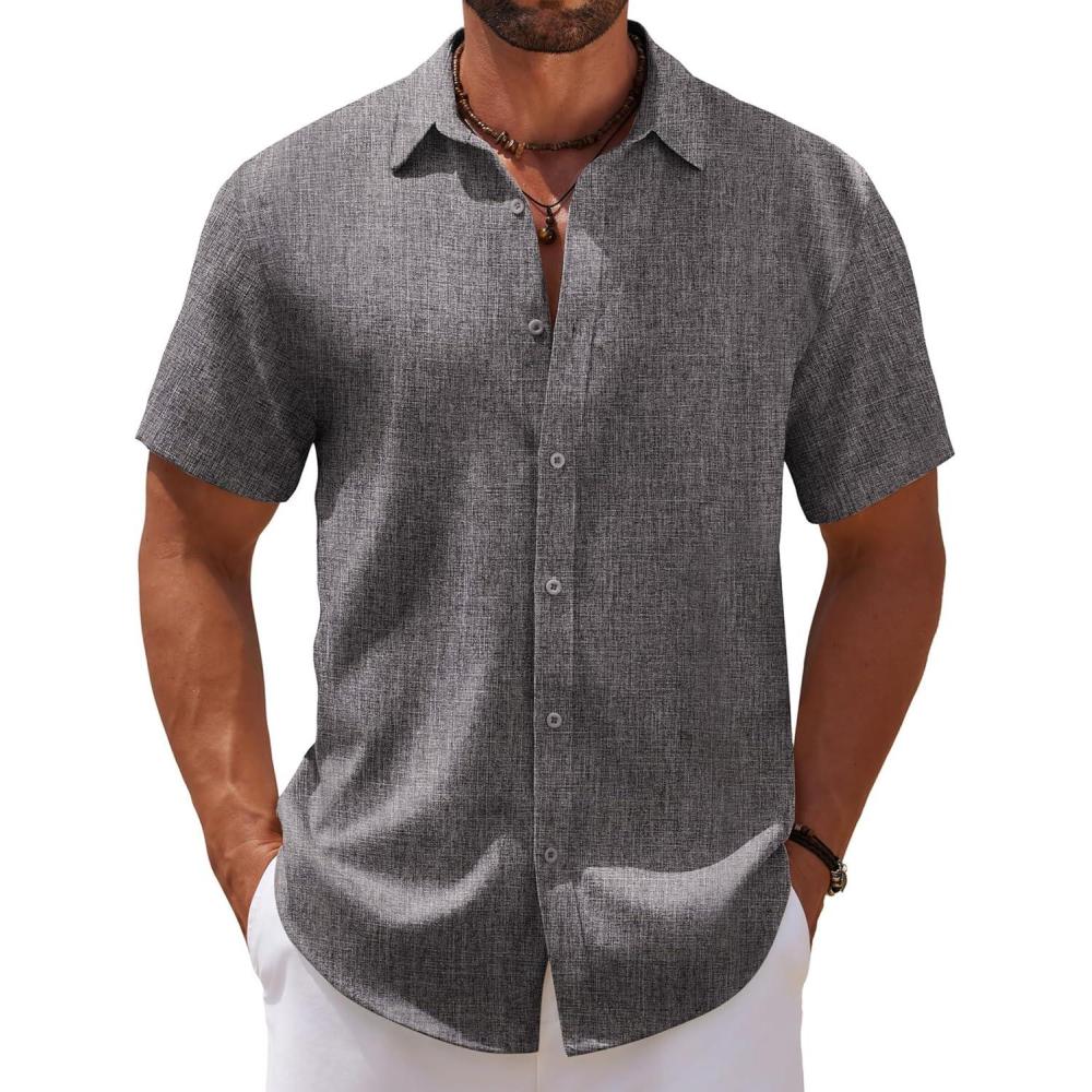 imageCOOFANDY Mens Casual Summer Beach Shirt Short Sleeve Button Down Shirt Vacation Wedding Shirt Linen Textured ShirtsDark Grey
