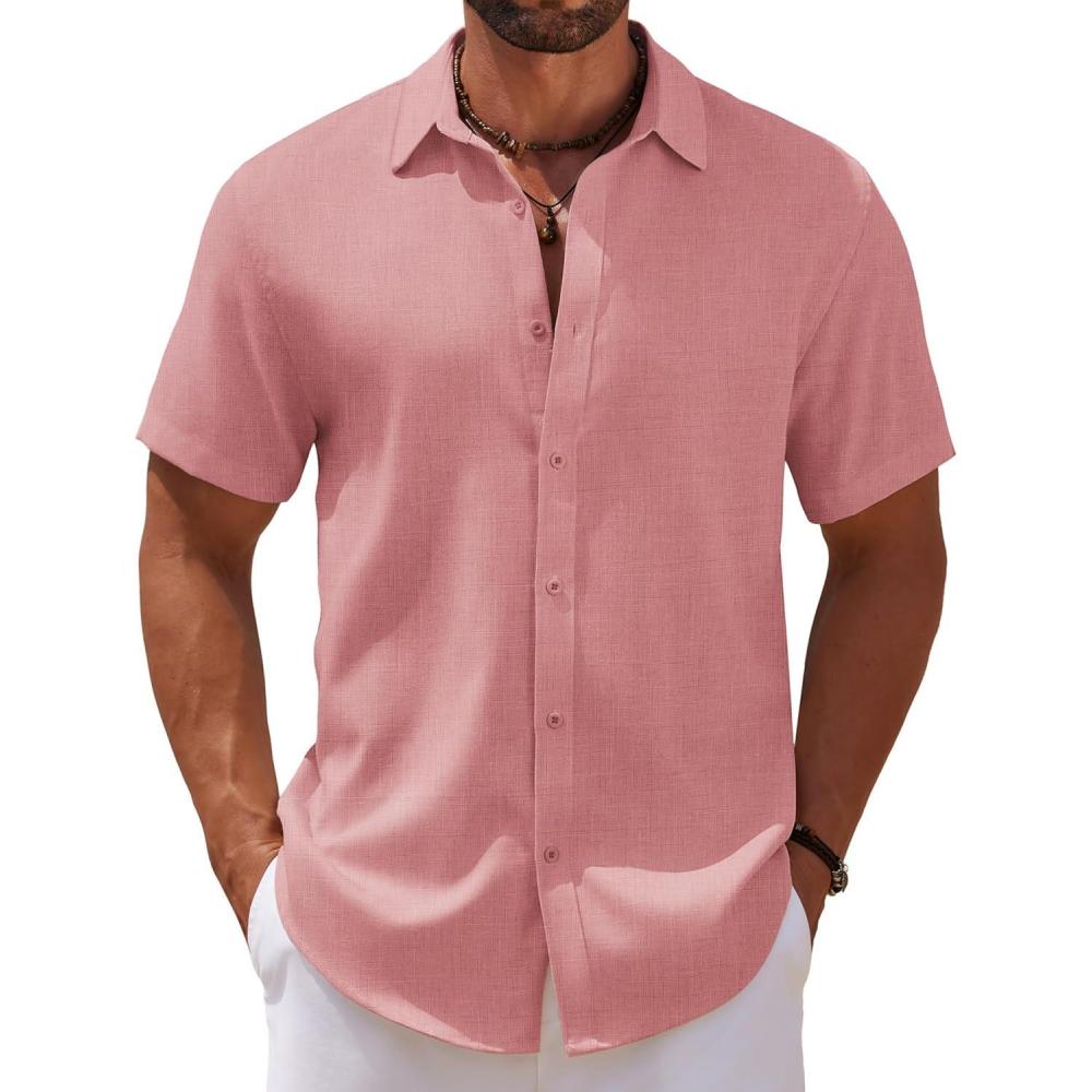 imageCOOFANDY Mens Casual Summer Beach Shirt Short Sleeve Button Down Shirt Vacation Wedding Shirt Linen Textured ShirtsDark Pink