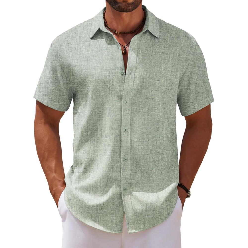 imageCOOFANDY Mens Casual Summer Beach Shirt Short Sleeve Button Down Shirt Vacation Wedding Shirt Linen Textured ShirtsGreen