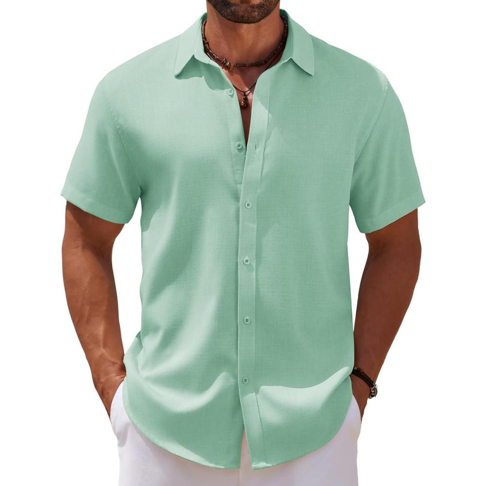 imageCOOFANDY Mens Casual Summer Beach Shirt Short Sleeve Button Down Shirt Vacation Wedding Shirt Linen Textured ShirtsIce Green