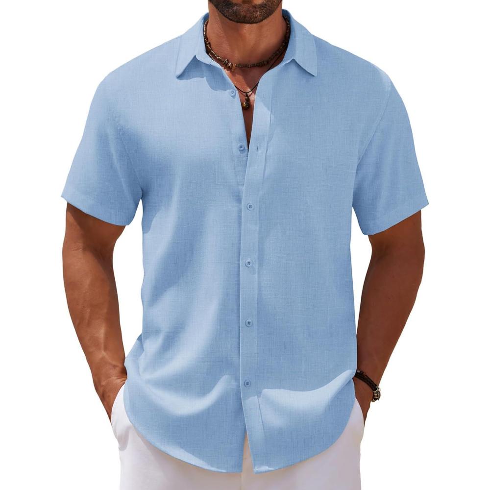 imageCOOFANDY Mens Casual Summer Beach Shirt Short Sleeve Button Down Shirt Vacation Wedding Shirt Linen Textured ShirtsLight Blue