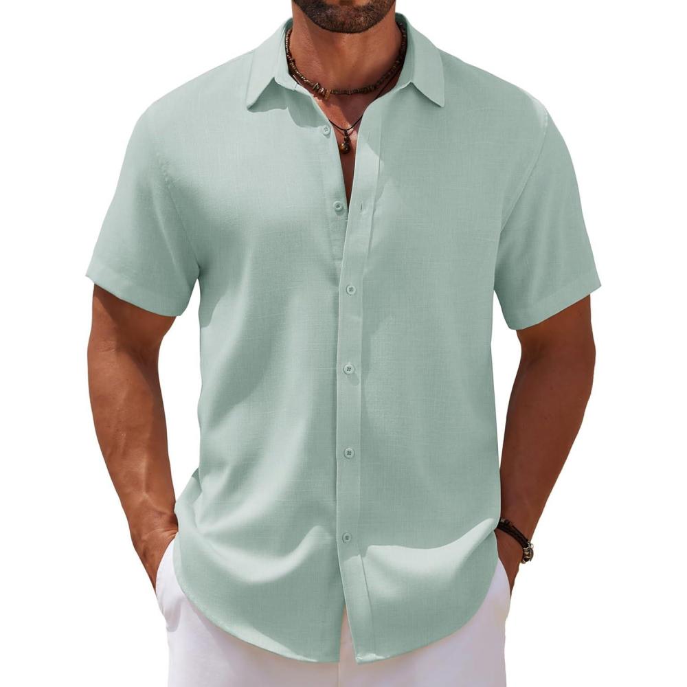 imageCOOFANDY Mens Casual Summer Beach Shirt Short Sleeve Button Down Shirt Vacation Wedding Shirt Linen Textured ShirtsLight Green