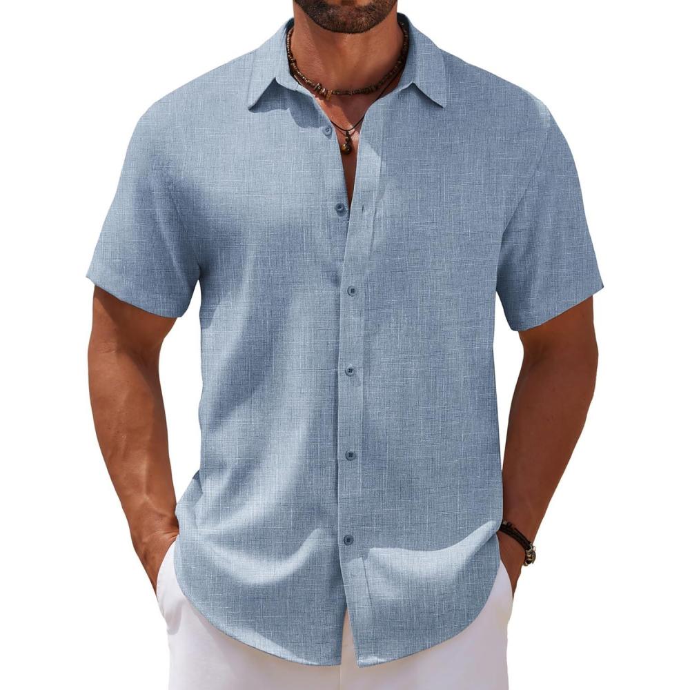 imageCOOFANDY Mens Casual Summer Beach Shirt Short Sleeve Button Down Shirt Vacation Wedding Shirt Linen Textured ShirtsNavy