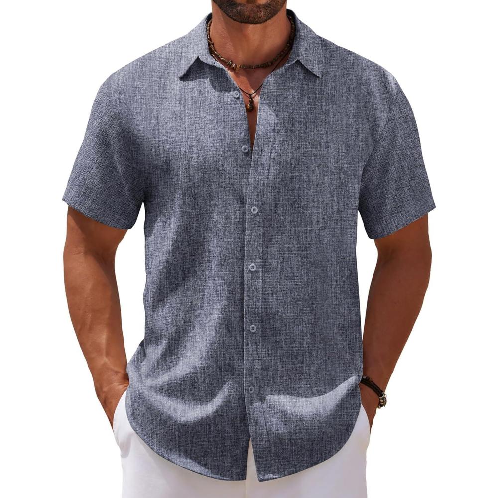imageCOOFANDY Mens Casual Summer Beach Shirt Short Sleeve Button Down Shirt Vacation Wedding Shirt Linen Textured ShirtsNavy Blue
