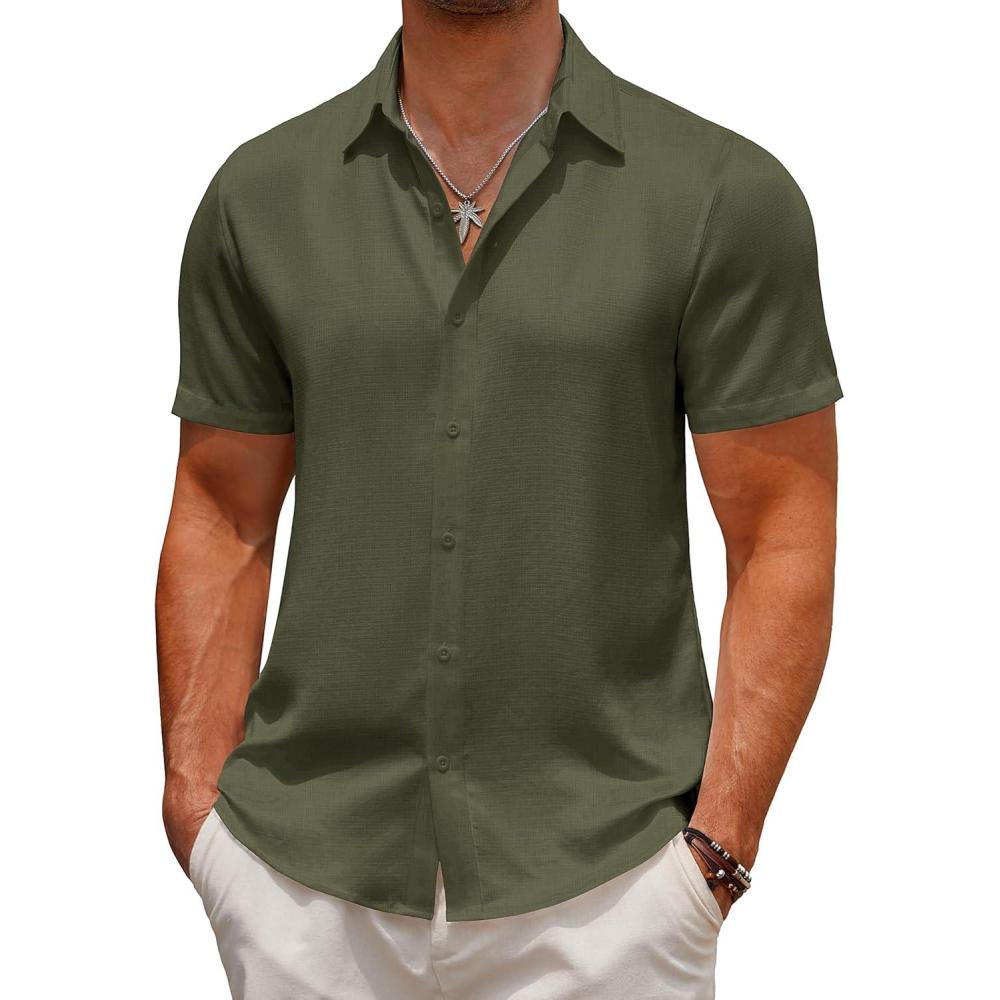 imageCOOFANDY Mens Casual Summer Beach Shirt Short Sleeve Button Down Shirt Vacation Wedding Shirt Linen Textured ShirtsOlive Drab