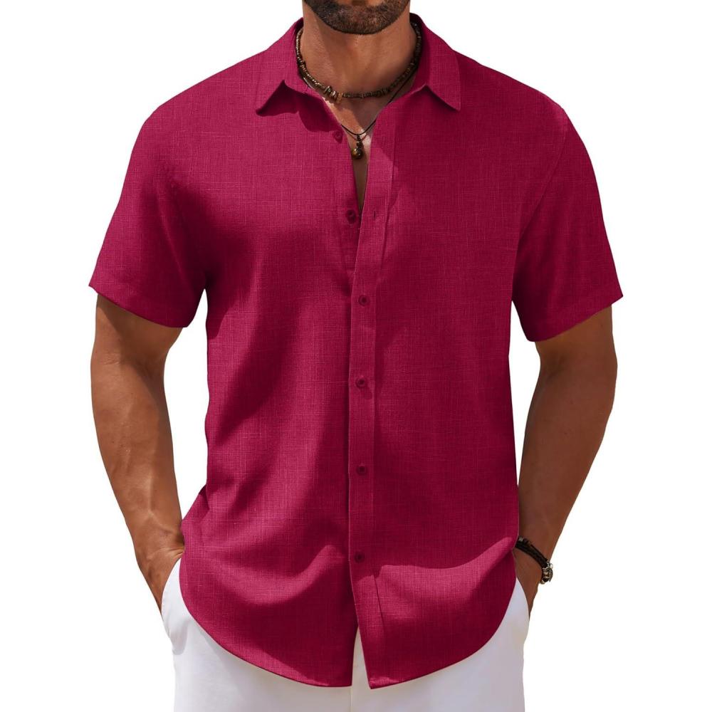 imageCOOFANDY Mens Casual Summer Beach Shirt Short Sleeve Button Down Shirt Vacation Wedding Shirt Linen Textured ShirtsWine Red