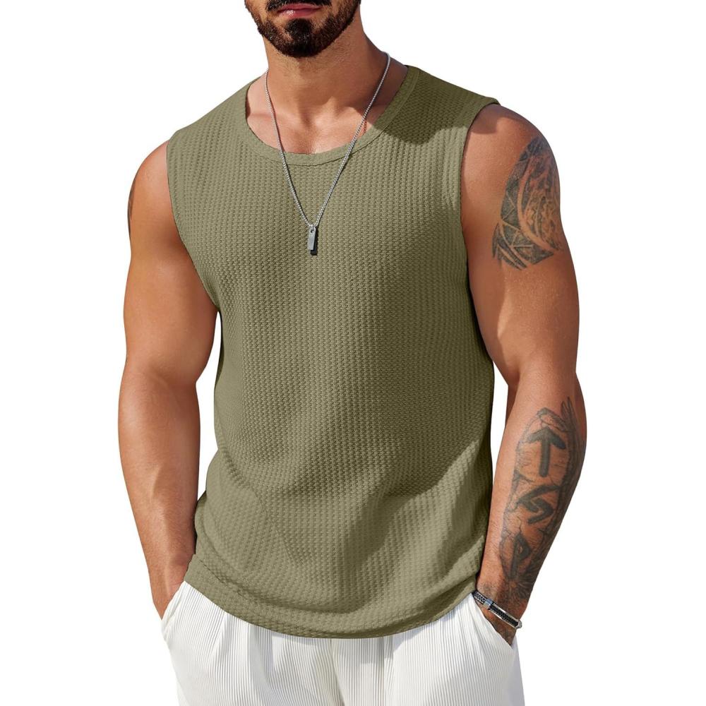 imageCOOFANDY Mens Casual Tank Tops 2 Pack Waffle Knit Sleeveless Shirt Breathable Tank Shirts Summer Muscle TeeArmy Green