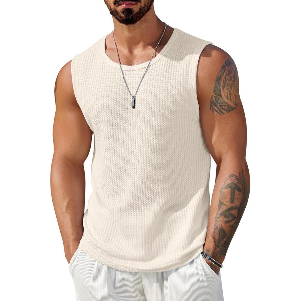 imageCOOFANDY Mens Casual Tank Tops 2 Pack Waffle Knit Sleeveless Shirt Breathable Tank Shirts Summer Muscle TeeBeige
