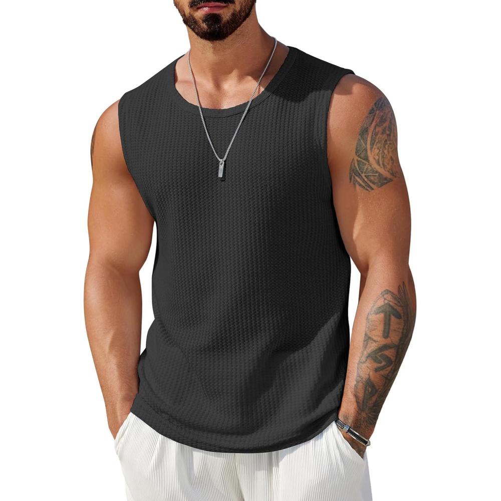 imageCOOFANDY Mens Casual Tank Tops 2 Pack Waffle Knit Sleeveless Shirt Breathable Tank Shirts Summer Muscle TeeBlack