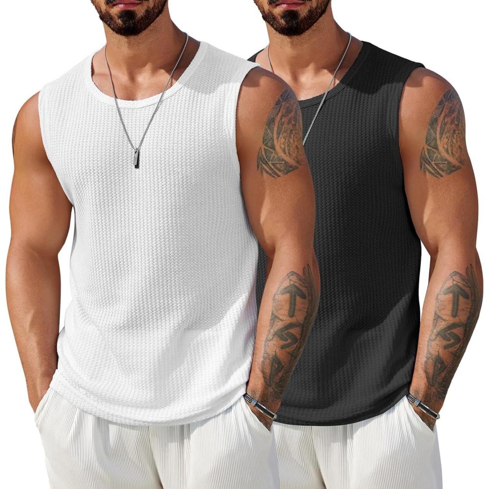 imageCOOFANDY Mens Casual Tank Tops 2 Pack Waffle Knit Sleeveless Shirt Breathable Tank Shirts Summer Muscle TeeBlackWhite