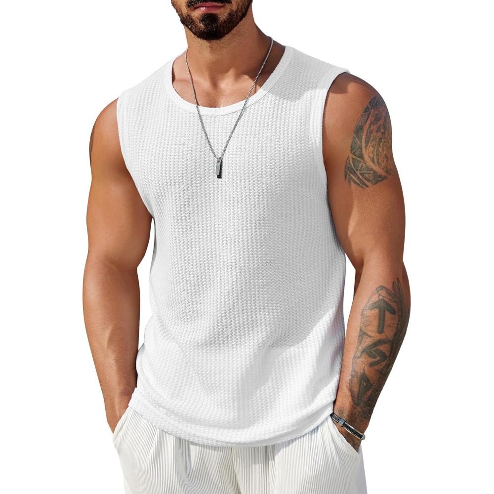 imageCOOFANDY Mens Casual Tank Tops 2 Pack Waffle Knit Sleeveless Shirt Breathable Tank Shirts Summer Muscle TeeWhite