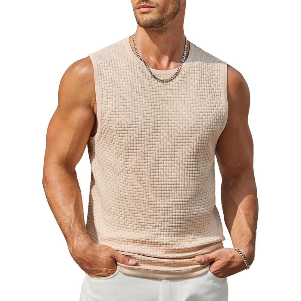 imageCOOFANDY Mens Casual Tank Tops Knit Sleeveless Shirt Summer Beach Tank Shirt Breathable Muscle T ShirtsCream