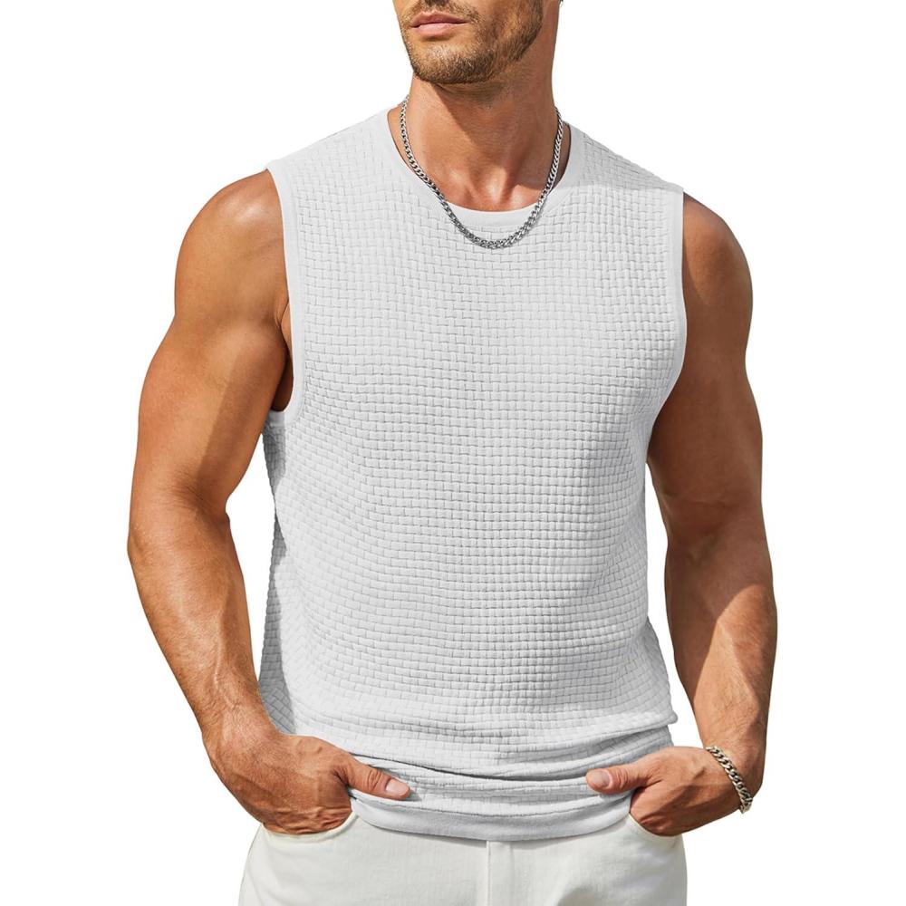 imageCOOFANDY Mens Casual Tank Tops Knit Sleeveless Shirt Summer Beach Tank Shirt Breathable Muscle T ShirtsWhite