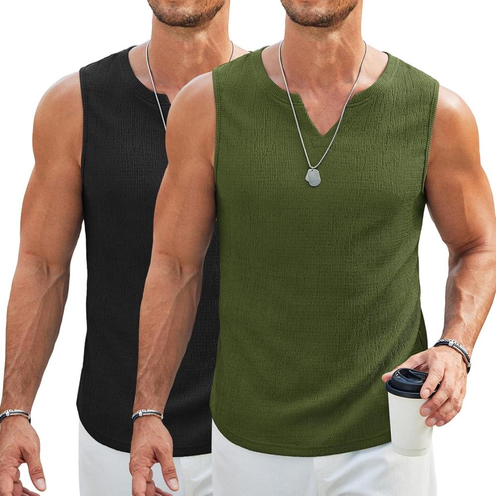 imageCOOFANDY Mens Casual Tank Tops Knit V Neck Sleeveless T Shirts 2 Pack Summer Beach Lightweight Muscle TeeBlackArmy Green