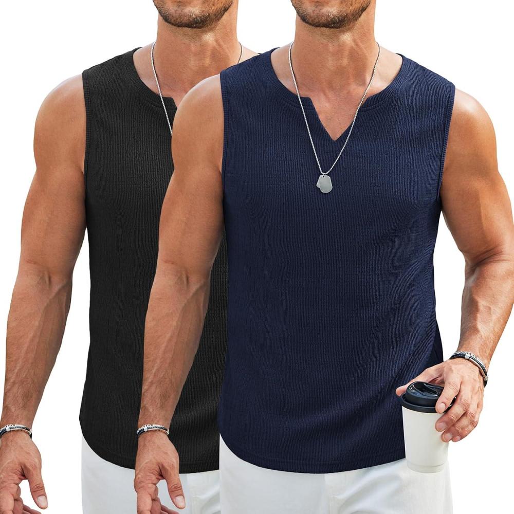 imageCOOFANDY Mens Casual Tank Tops Knit V Neck Sleeveless T Shirts 2 Pack Summer Beach Lightweight Muscle TeeBlackNavy