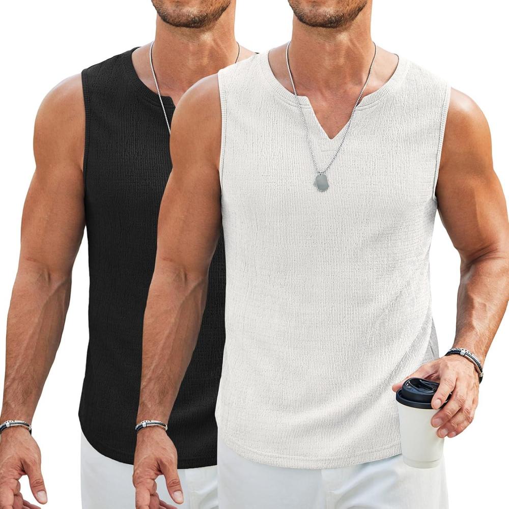 imageCOOFANDY Mens Casual Tank Tops Knit V Neck Sleeveless T Shirts 2 Pack Summer Beach Lightweight Muscle TeeBlackWhite