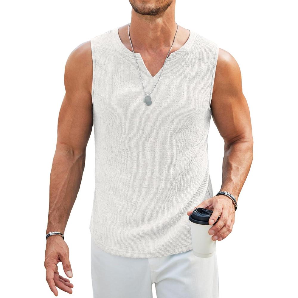 imageCOOFANDY Mens Casual Tank Tops Knit V Neck Sleeveless T Shirts 2 Pack Summer Beach Lightweight Muscle TeeWhite
