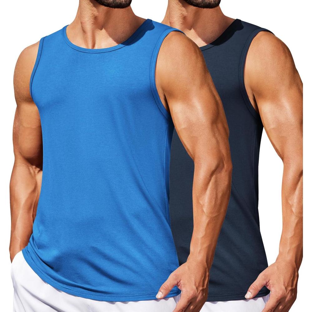 imageCOOFANDY Mens Casual Tank Tops Moisture Wicking Muscle Sleeveless Shirts Soft Bamboo Viscose Tank Shirt 2 PackBlueNavy Blue
