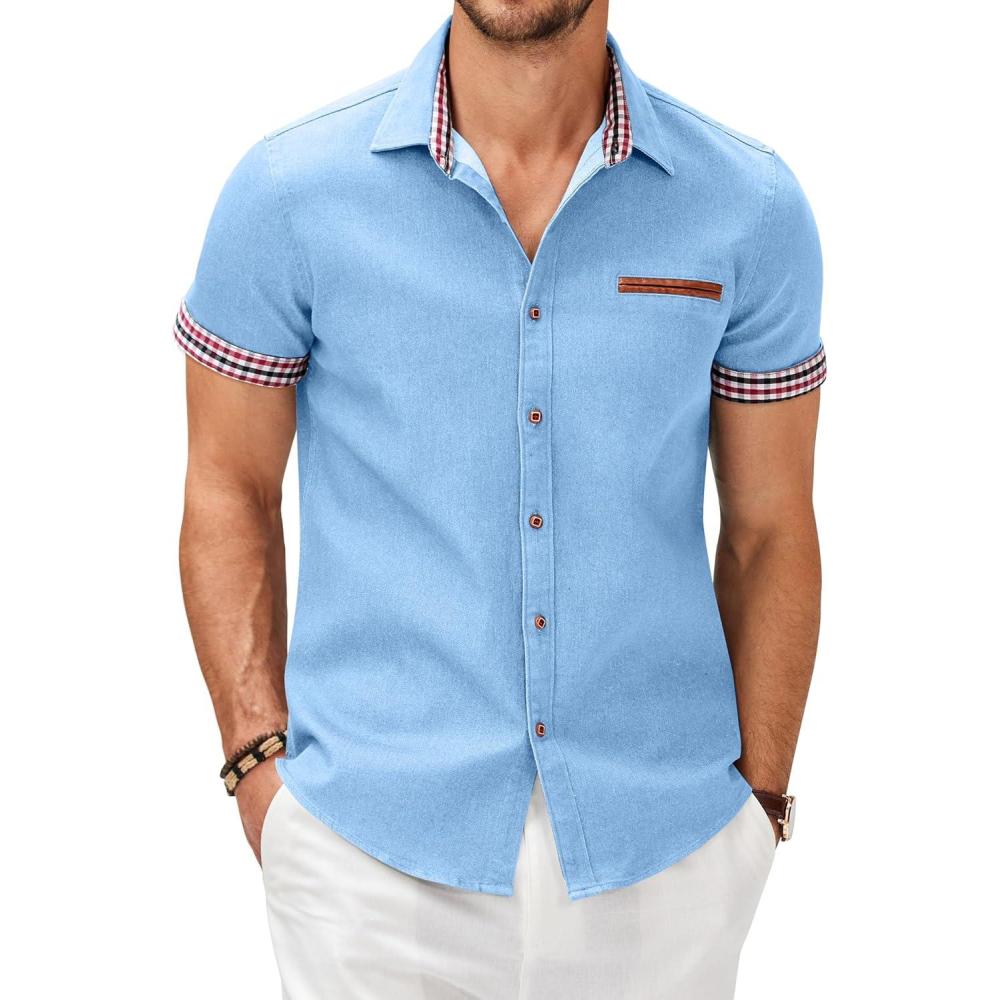 imageCOOFANDY Mens Casual Wrinkle Free Shirts Short Sleeve Button Down Summer Stretch Dress ShirtA Clear Blue No Pocket