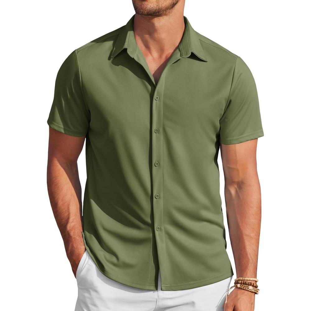 imageCOOFANDY Mens Casual Wrinkle Free Shirts Short Sleeve Button Down Summer Stretch Dress ShirtArmy Green