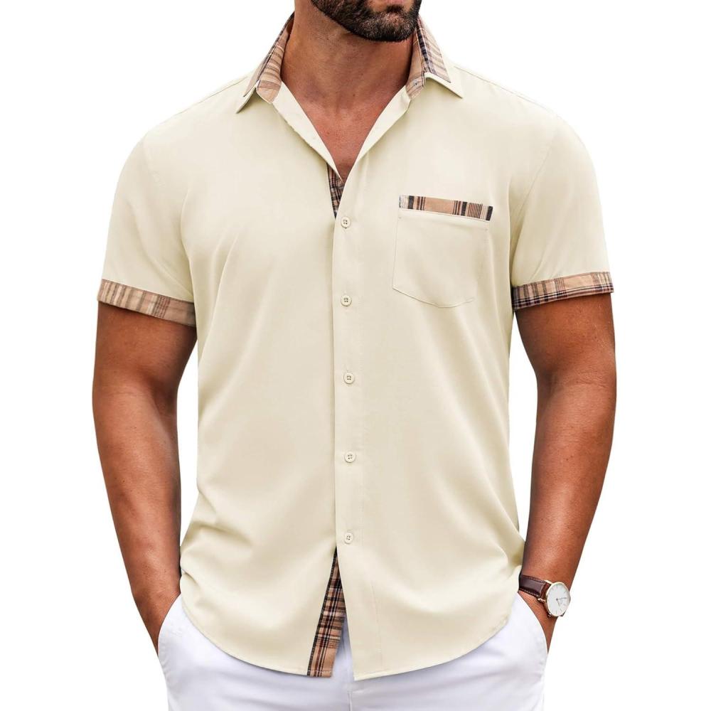 imageCOOFANDY Mens Casual Wrinkle Free Shirts Short Sleeve Button Down Summer Stretch Dress ShirtBeige