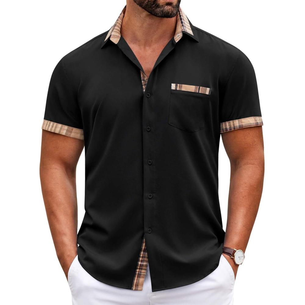 imageCOOFANDY Mens Casual Wrinkle Free Shirts Short Sleeve Button Down Summer Stretch Dress ShirtBlack