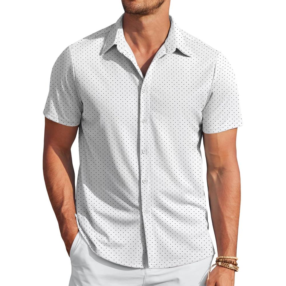 imageCOOFANDY Mens Casual Wrinkle Free Shirts Short Sleeve Button Down Summer Stretch Dress ShirtBlack Spots White