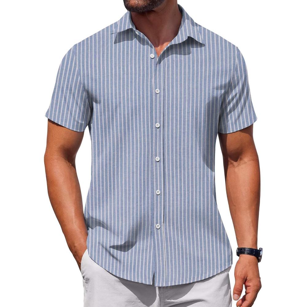 imageCOOFANDY Mens Casual Wrinkle Free Shirts Short Sleeve Button Down Summer Stretch Dress ShirtBluewhite Stripes