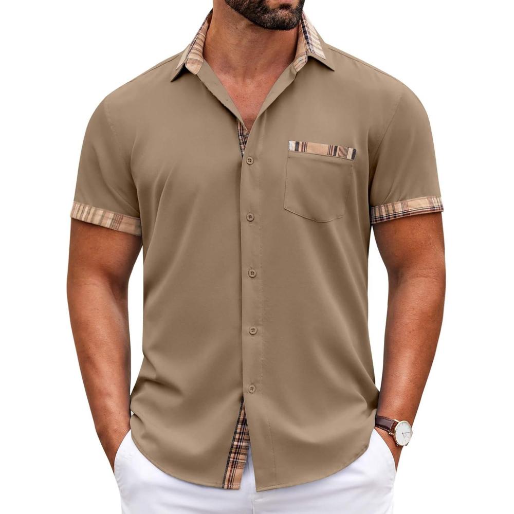 imageCOOFANDY Mens Casual Wrinkle Free Shirts Short Sleeve Button Down Summer Stretch Dress ShirtBrown
