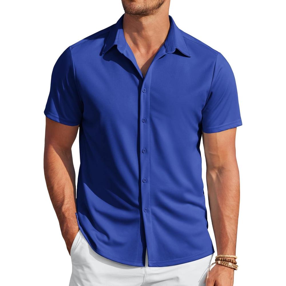 imageCOOFANDY Mens Casual Wrinkle Free Shirts Short Sleeve Button Down Summer Stretch Dress ShirtClassic Blue