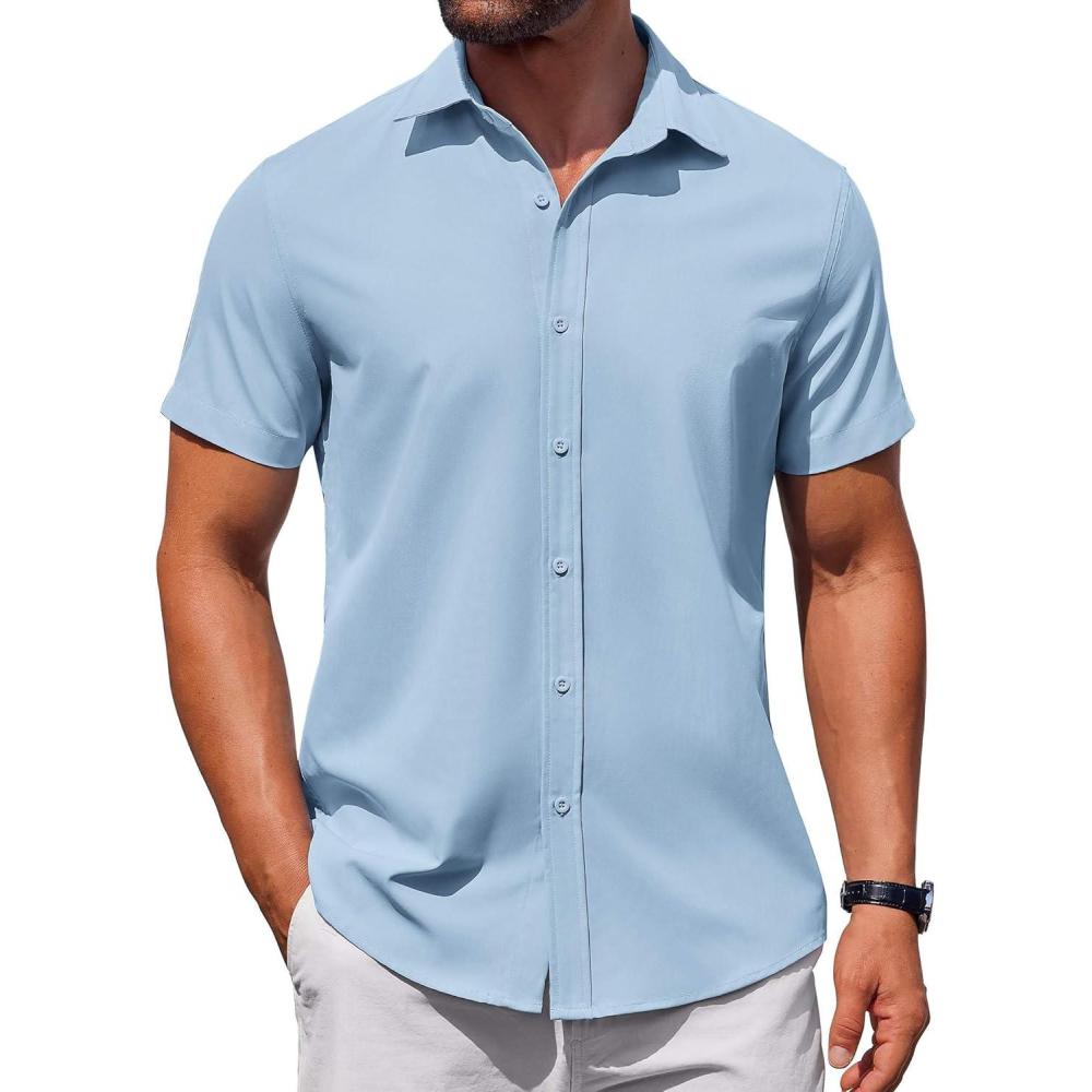 imageCOOFANDY Mens Casual Wrinkle Free Shirts Short Sleeve Button Down Summer Stretch Dress ShirtClear Blue