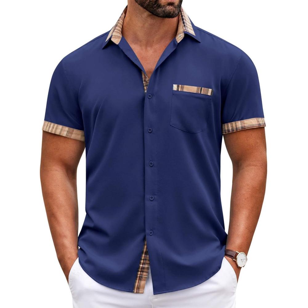 imageCOOFANDY Mens Casual Wrinkle Free Shirts Short Sleeve Button Down Summer Stretch Dress ShirtDark Blue