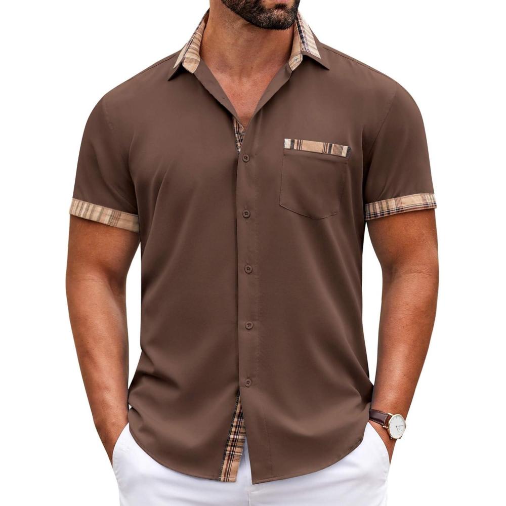 imageCOOFANDY Mens Casual Wrinkle Free Shirts Short Sleeve Button Down Summer Stretch Dress ShirtDeep Brown