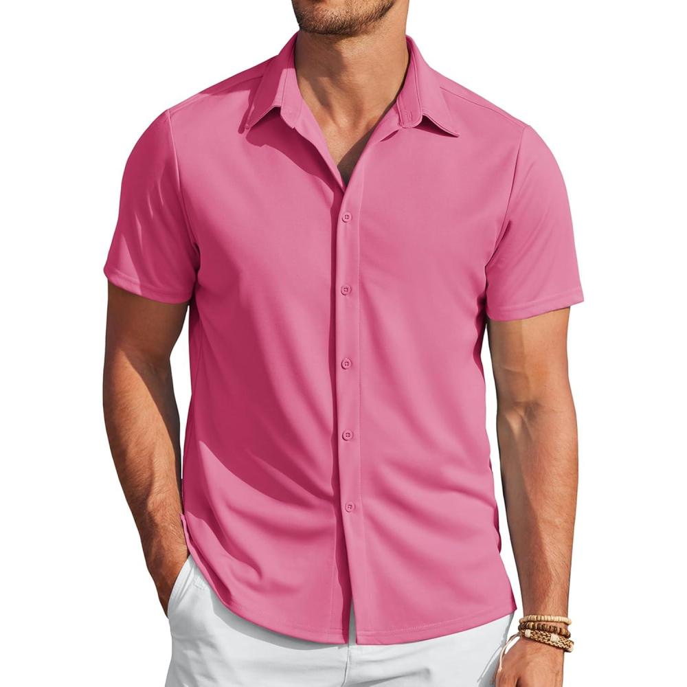imageCOOFANDY Mens Casual Wrinkle Free Shirts Short Sleeve Button Down Summer Stretch Dress ShirtHot Pink