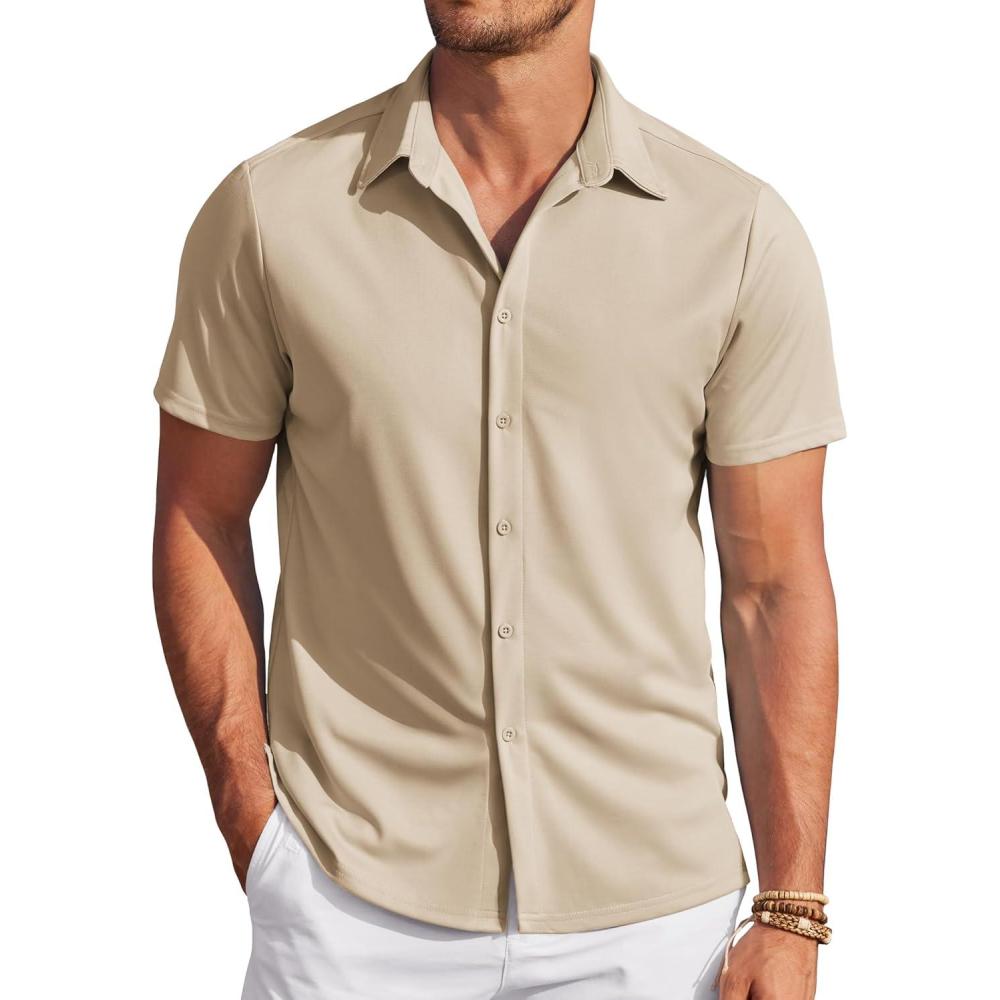 imageCOOFANDY Mens Casual Wrinkle Free Shirts Short Sleeve Button Down Summer Stretch Dress ShirtKhaki
